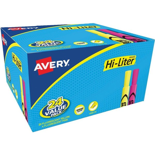 Avery Hi-Liter Value, Chisel Tip, 24/BX, Fluorescent/YW 24PK AVE98189